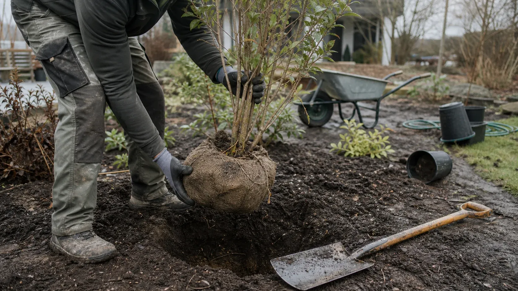 Ein Landschaftsgärtner verlegt Natursteine an einem bepflanzten Gartenweg.