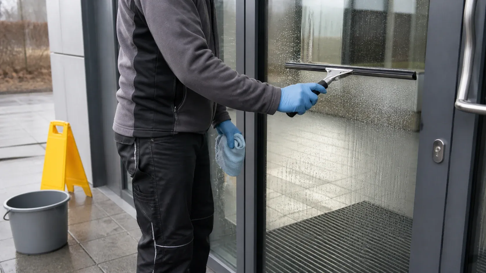 Eine Gebäudereinigung säubert eine große Fensterscheibe mit Abzieher und Tuch.