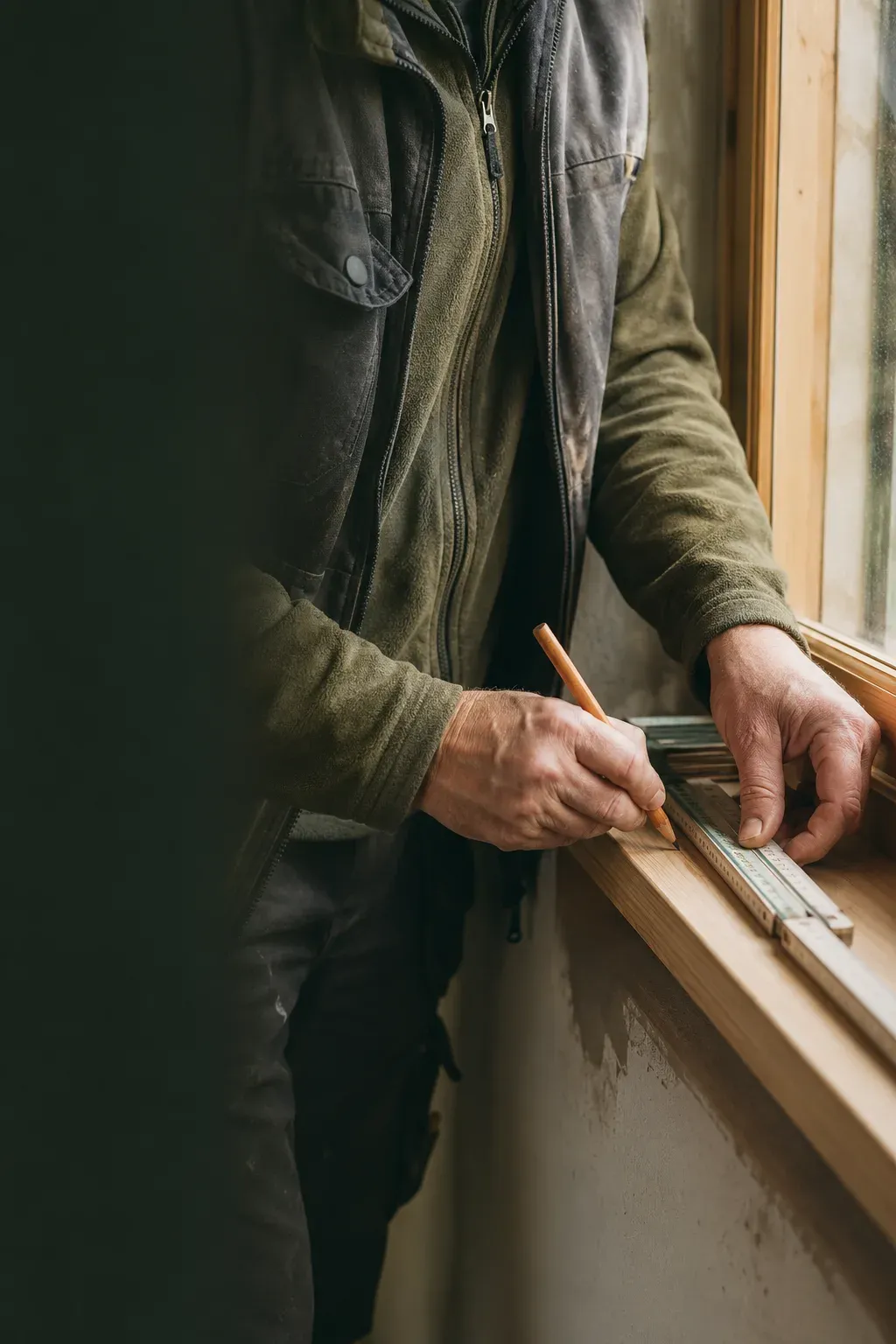 Ein Handwerker markiert mit Bleistift und Zollstock ein Fensterbrett