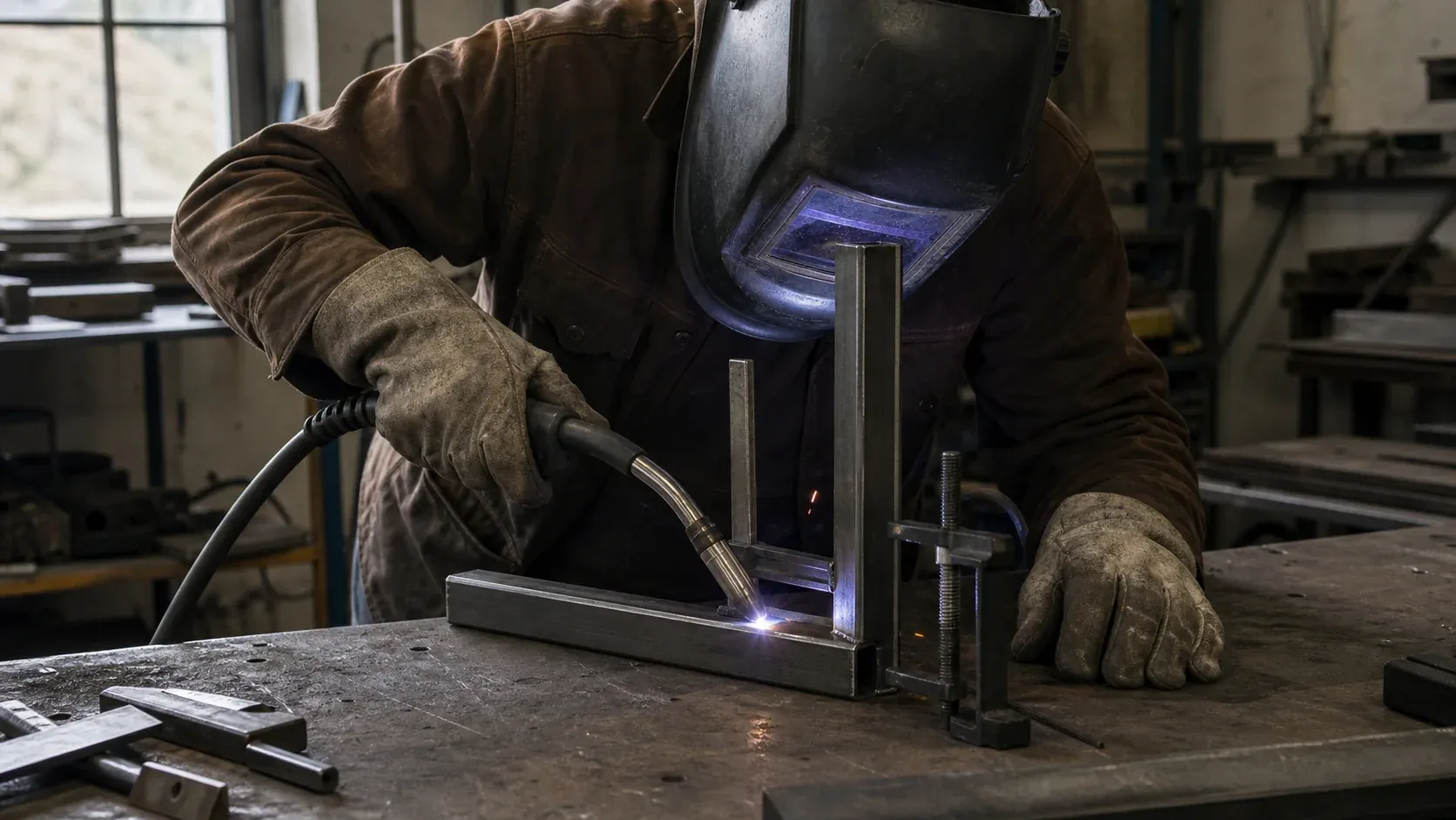 Ein Metallbauer verschweißt geschützt einen eingespannten Stahlrahmen.