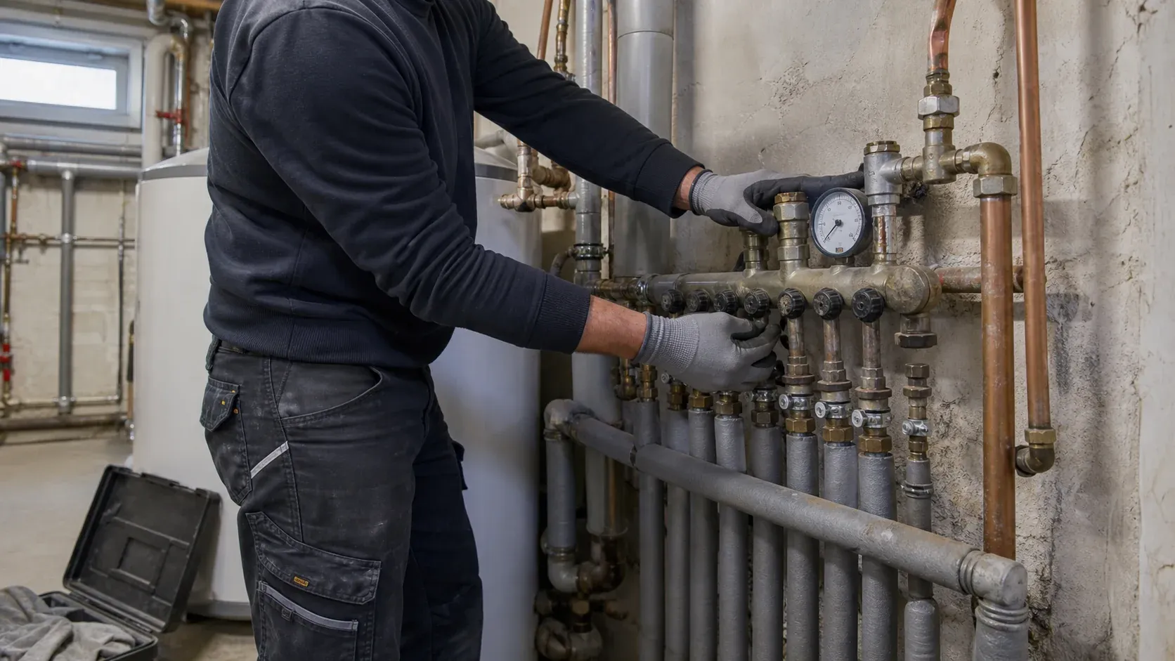 Symbolbild: Ein Handwerker arbeitet an einem Rohrverteiler.