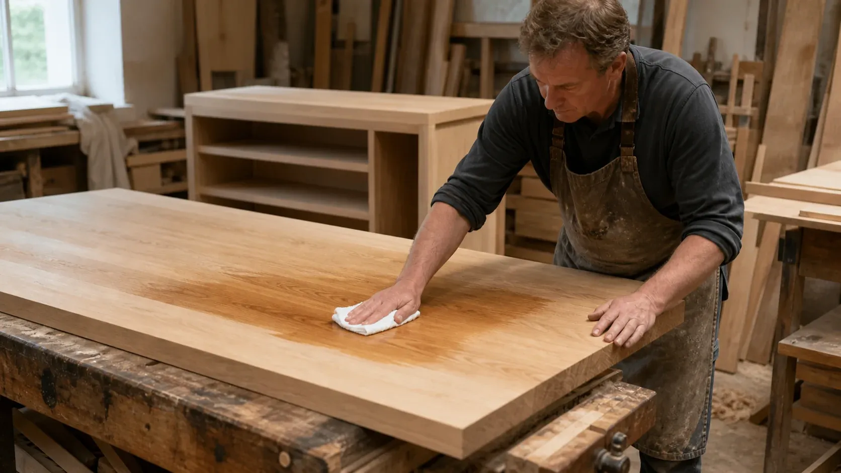 Ein Tischler ölt mit einem Tuch die Oberfläche einer massiven Tischplatte aus Holz.