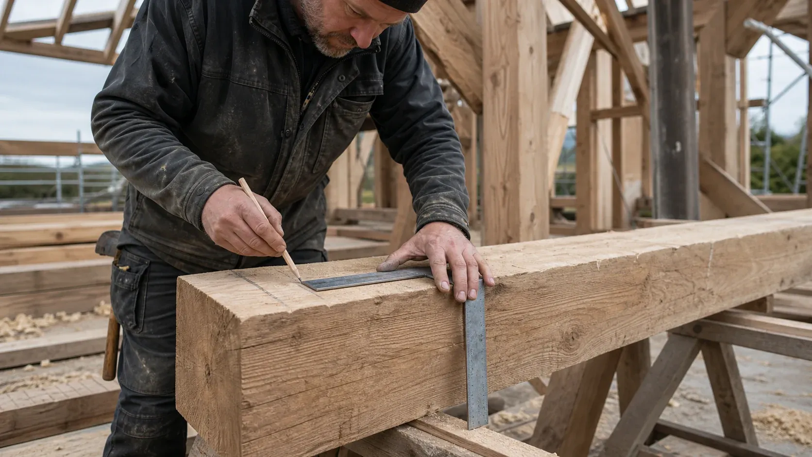Ein Zimmerer zeichnet mit Winkel und Bleistift einen Schnitt auf einem Holzbalken an.